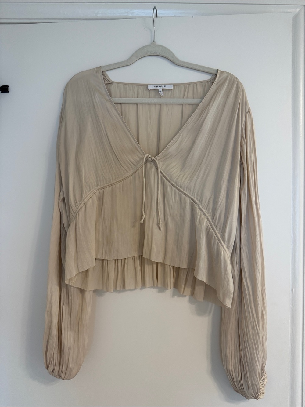 Frame Denim Neutral Crinkle V-Neck Tie-Front Blouse
